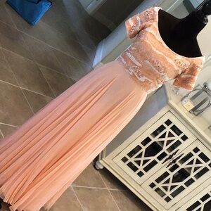 Richilene vintage gown, embellished top, pale peach, back zip, size 8